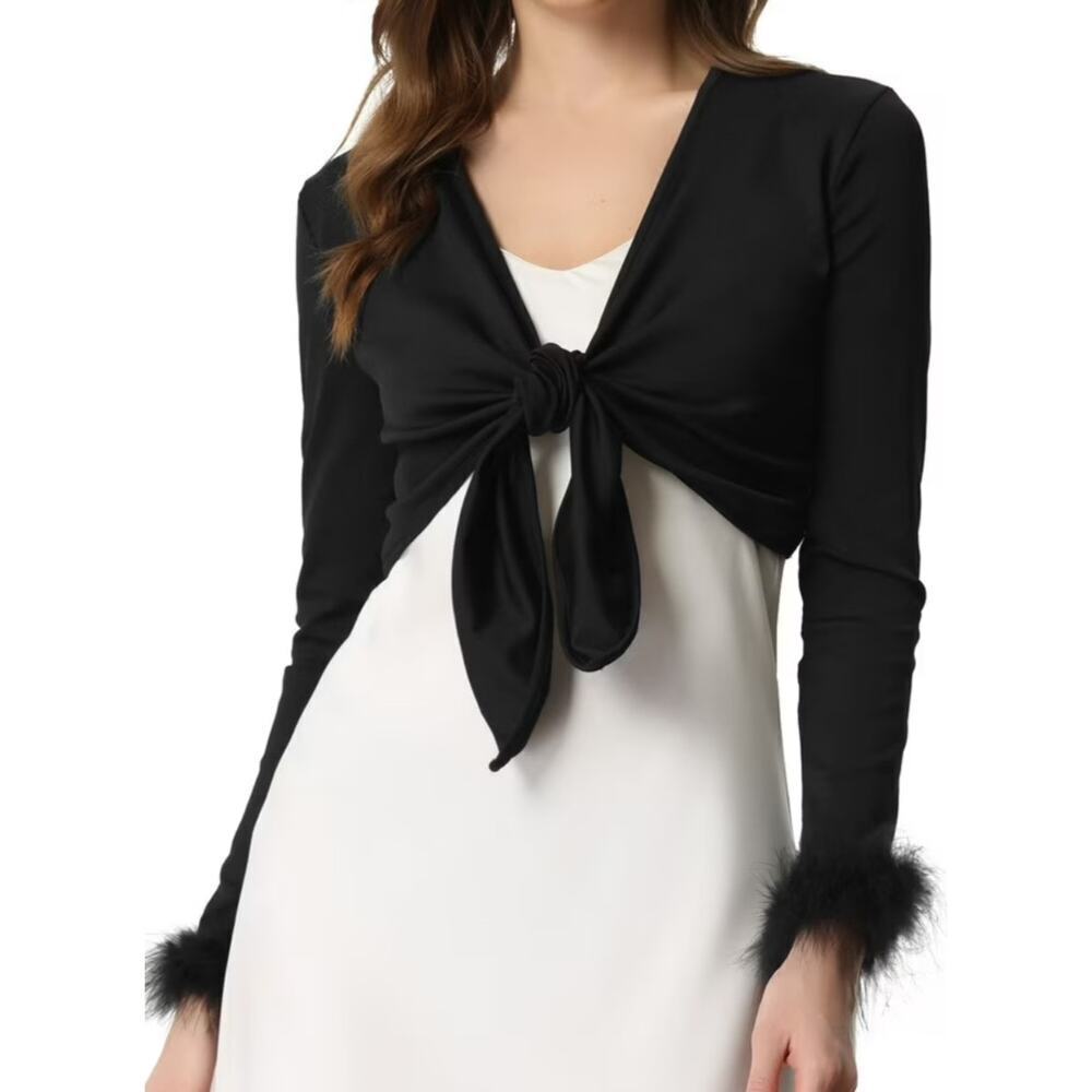 Black Sheer Tie Front Cardigan Jacket Cropped Real Feather Cuffs Tie Front sz s - Picture 2 of 16